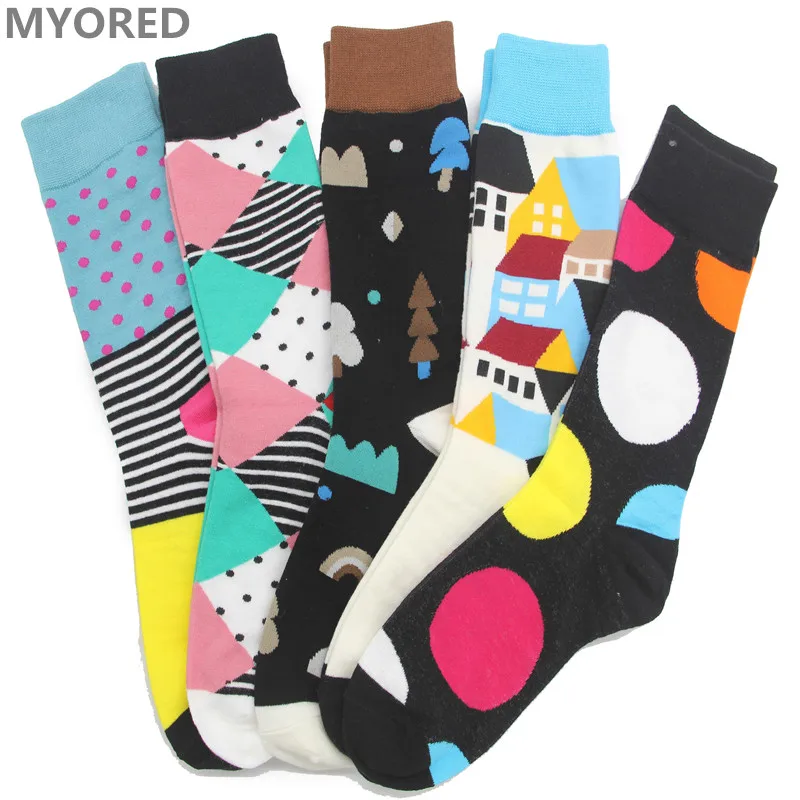 

MYORED mens combed cotton summer lot socks long tube funny big size winter sokken meias wedding gift sox 5 pairs/Lot