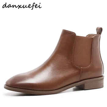 

Women's genuine leather elastic slip-on flats ankle boots brand designer square toe gradient color autumn short booties shoes