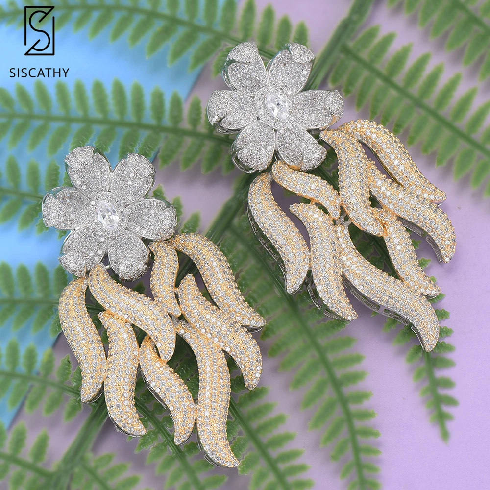 

39*73mm Fashion Dubai Jewelry Dangle Earrings For Women Flower Shape Cubic Zirconia Inlaid Drop Earrings boucle d'oreille