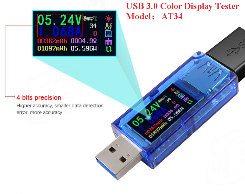 

AT34 USB 3.0 color LCD Voltmeter ammeter voltage current meter multimeter battery charge power bank USB Tester