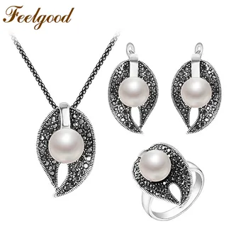 

Feelgood New Arrival Silver Color Fashion Black Crystal And Imitation Pearl Jewelry Sets For Women Wedding Party Birthday Gift
