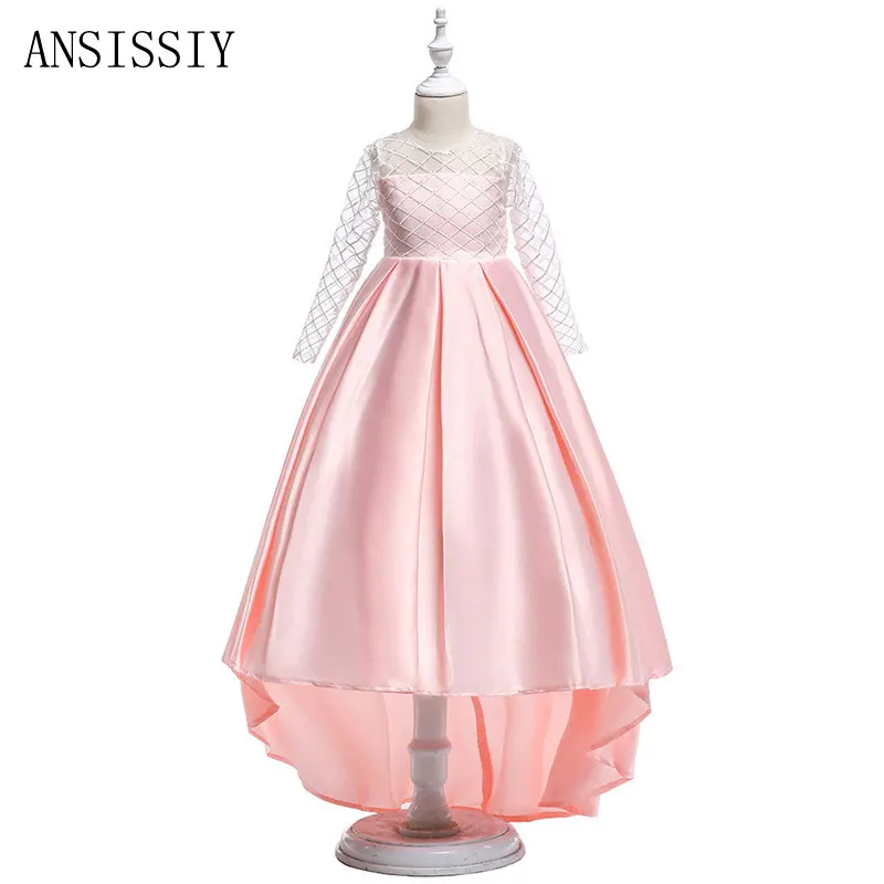 

4-11y Formal Long Sleeve Trailing Girl Dress Pink Lace Mesh Tulle Teen Kids Wedding Evening Party Girls Princess Vestido Cloth