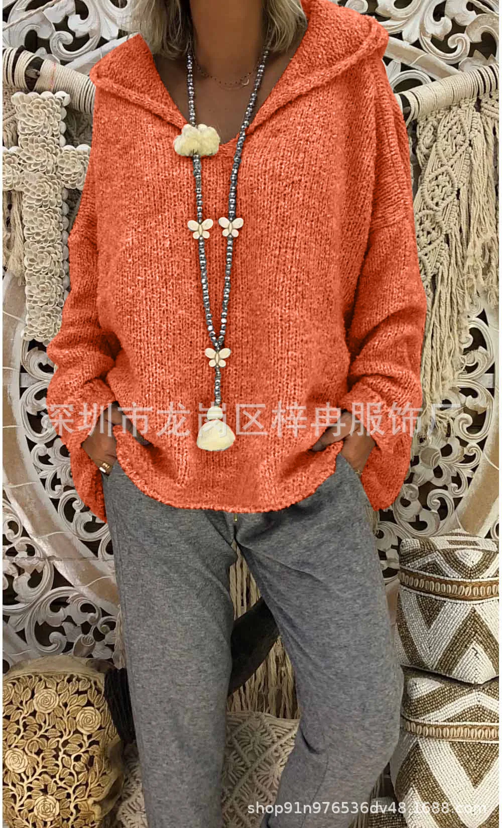Сексуальный модный большой размер свободный однотонный вязаный свитер с капюшоном 10 цветов 6 ярдов - Цвет: Оранжевый