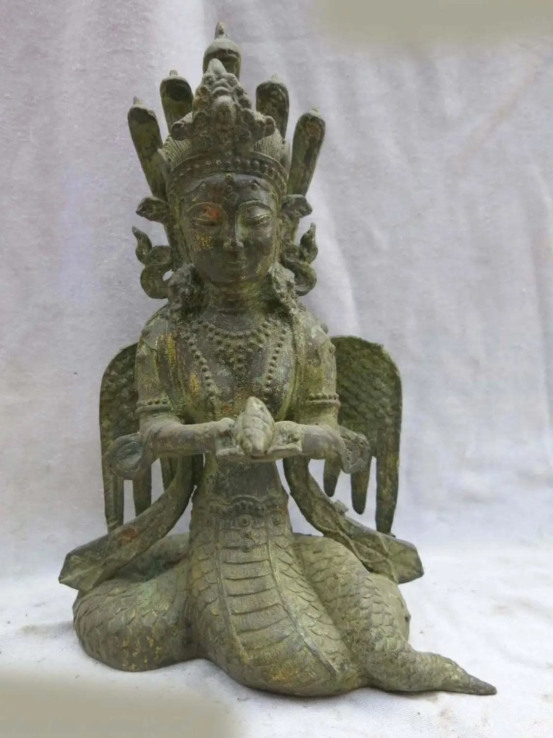 

11" China Tibet bronze gild Buddhism equisite wing snake buddha Sculpture statue (D0426)