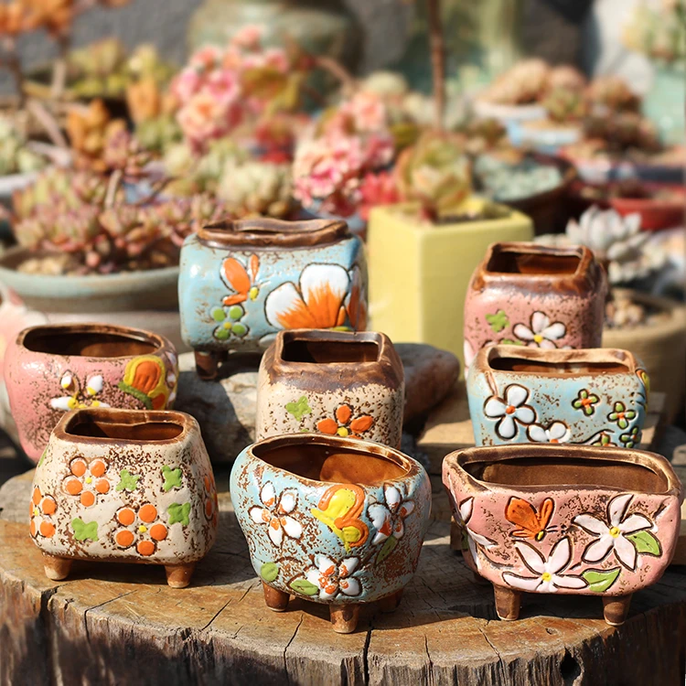 Korean Simple Fleshy Flower Pot Ceramic Hand-painted Fresh Thumb Pot Coarse Pottery Permeable Pot Peach Egg Flesh Flower