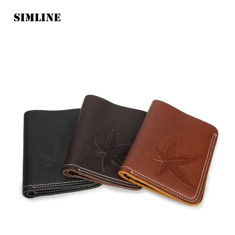 SIMLINE Vintage Handmade Genuine Leather Cowhide Men Mens Short Bifold