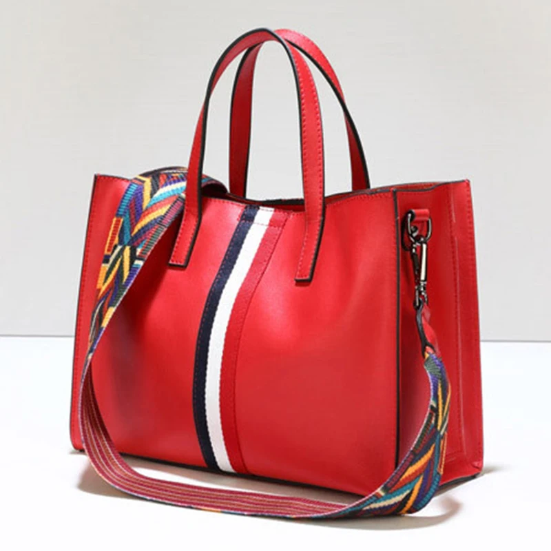 Genuine leather women handbags vertical stripes pattern colorful shoulder strap totes female crossbody bags zipper hasp