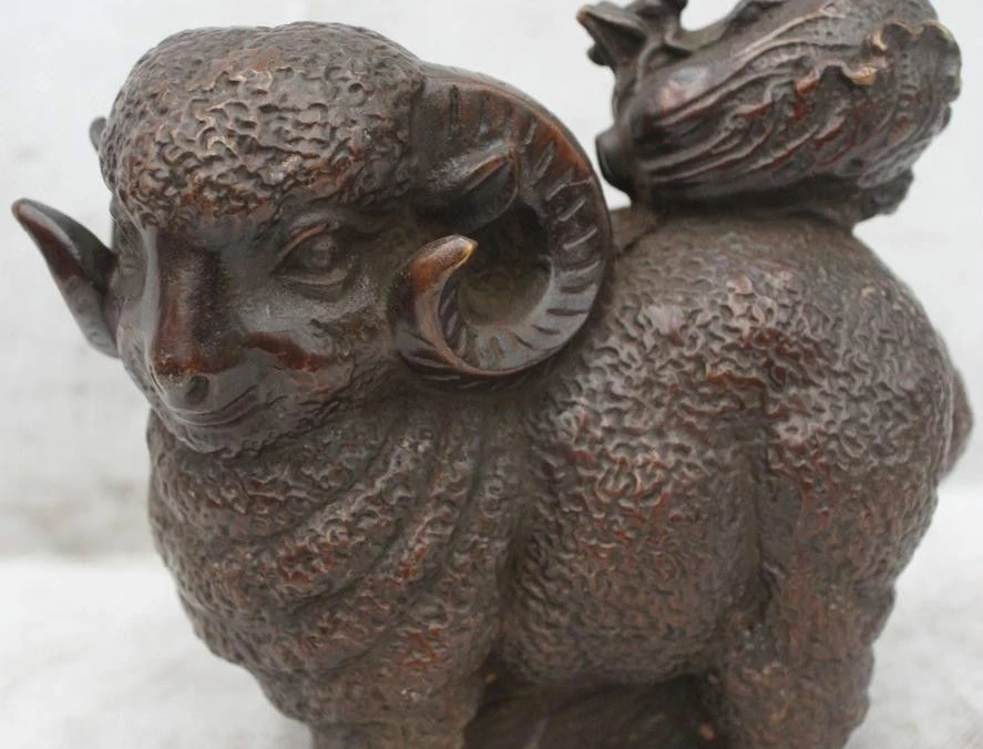 

6"Chinese Folk Dynasty Bronze Zodiac Yeat Money drawing Sheep Cabbage Statue