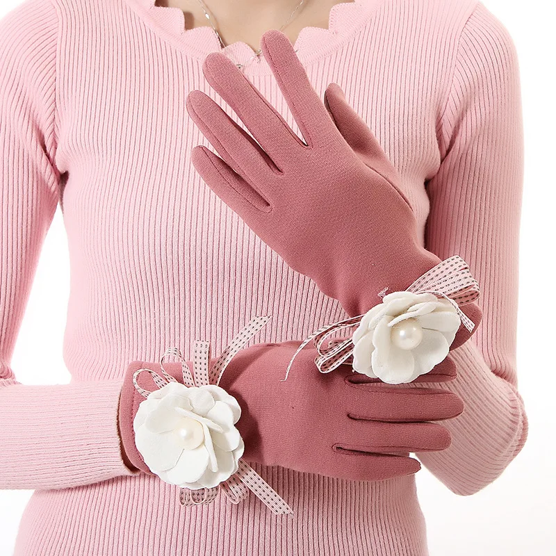 VDOGRIR Pink Wool Gloves For Women Big Pearl Ribbon Flower Bow Knot
