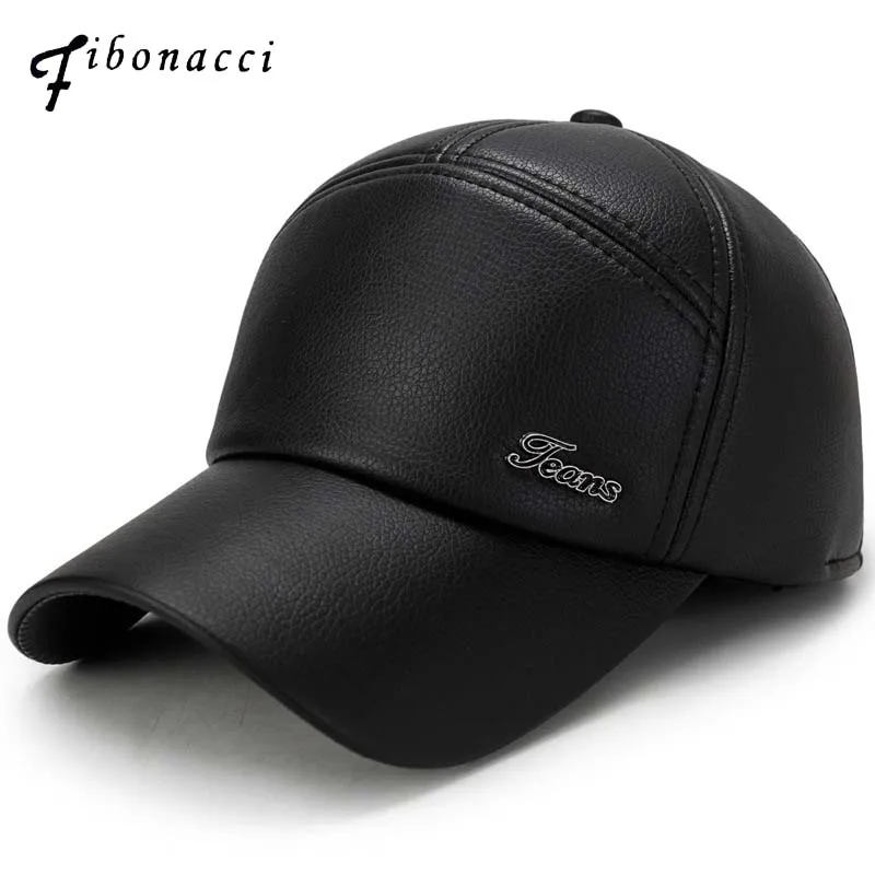 

Fibonacci men's baseball cap faux leather plush interior black cap for men adjustable ear flap autumn winter hat