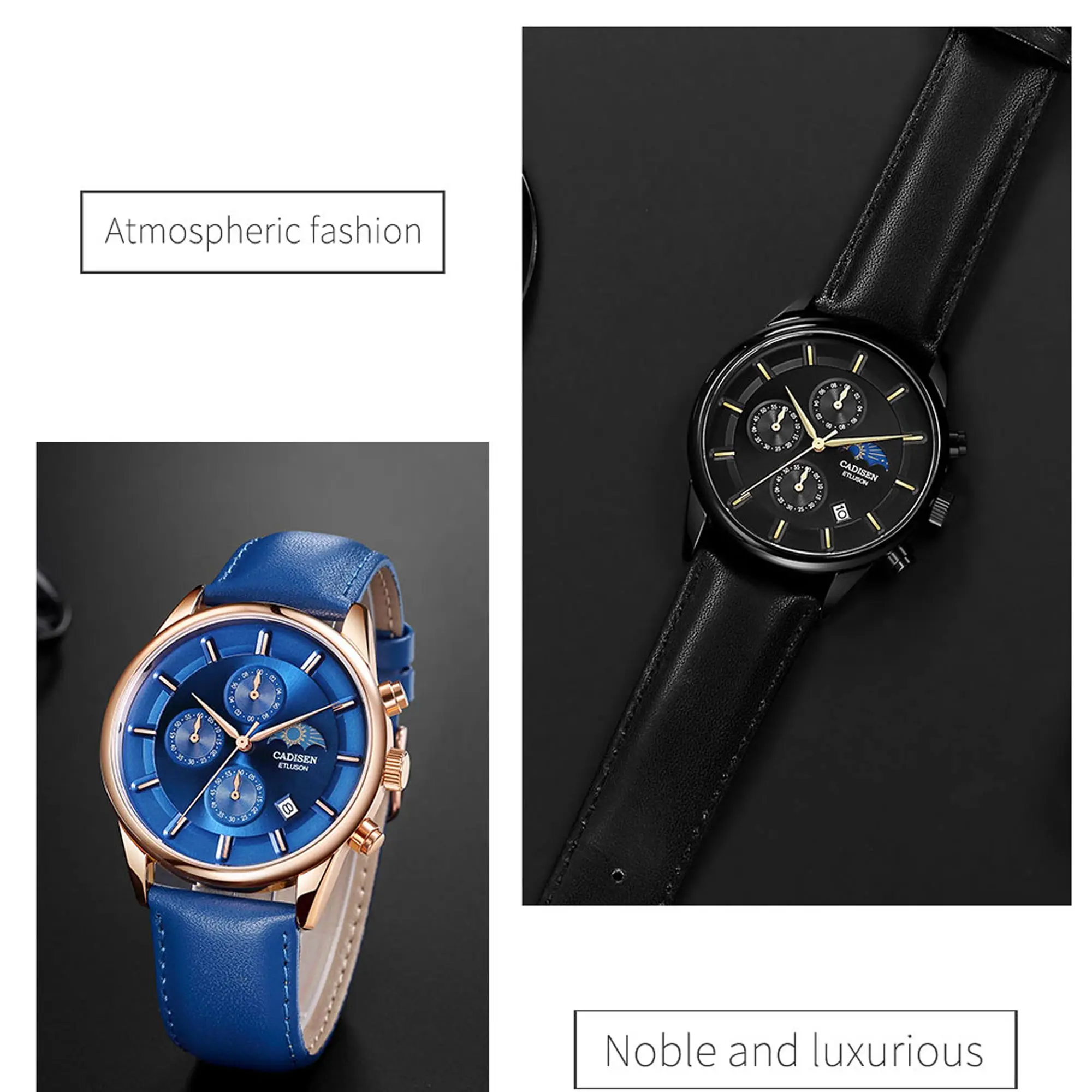CADISEN часы Мужские лучший бренд класса люкс мужские модные повседневные кожаные часы Кварцевые водонепроницаемые наручные часы Moon Phase Relogio Masculino
