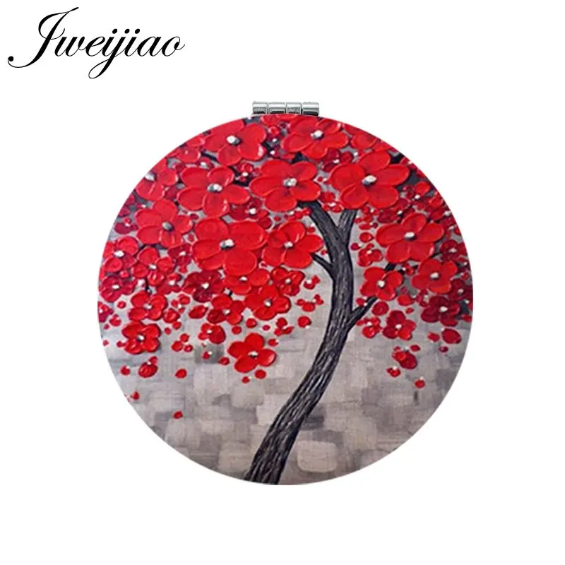

JWEIJIAO Red Leaf Flower TREE Round Makeup Mirror Mini Folding Compact Pocket Mirror 1X/2X Magnifying For Beauty Health