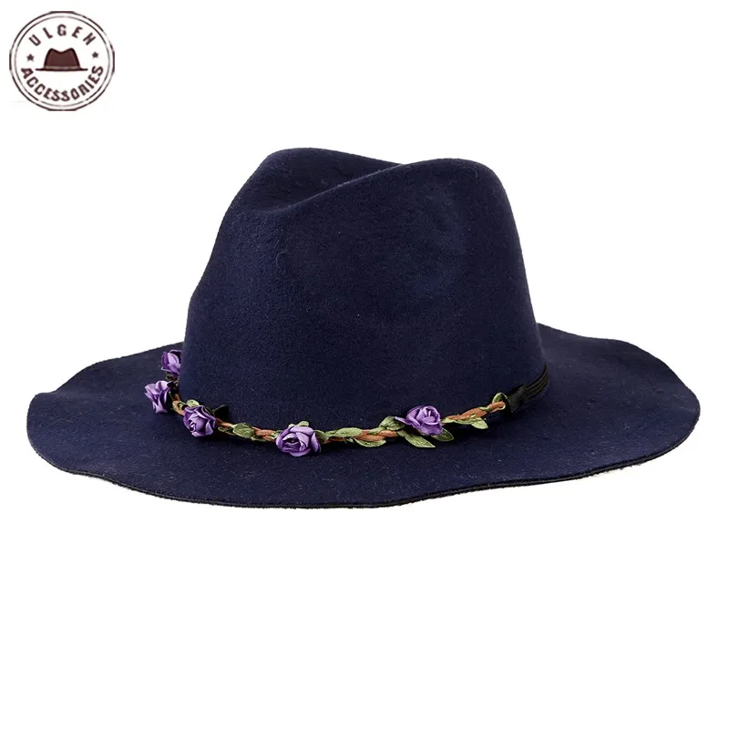Ulgen разработан богемные федоры с цветком оголовье темно синие шерстяные мягкие шляпы шляпа для женщин Зимняя фетровая шляпа [HUL183g]