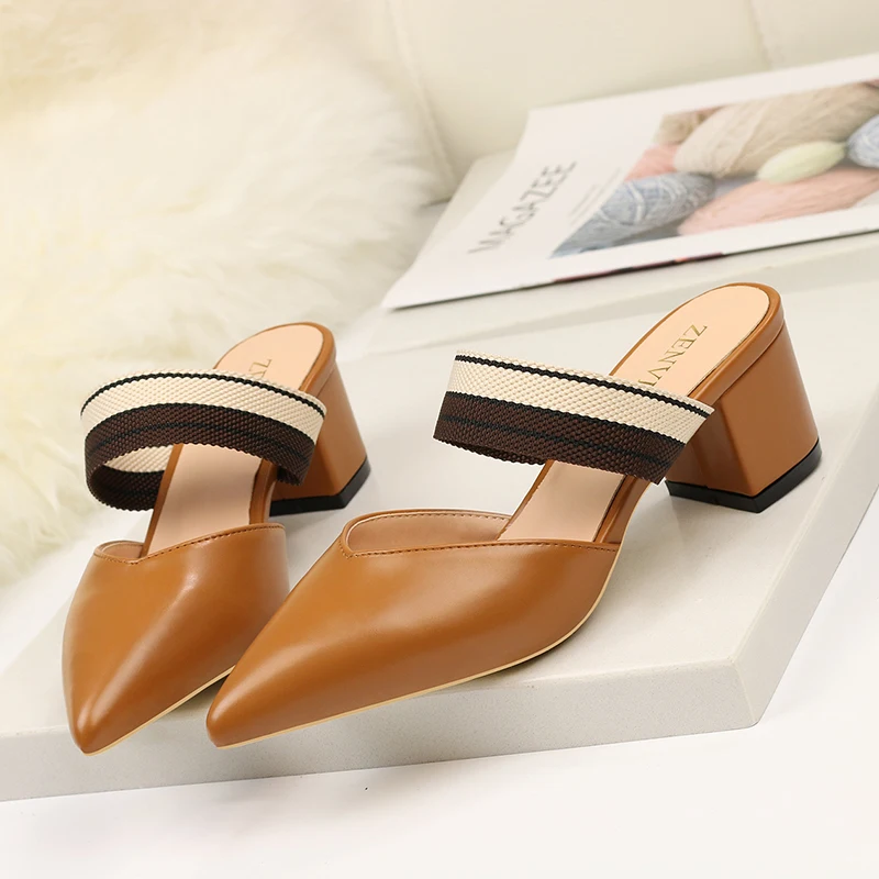 

2019 Women Sandals Summer Shoes Women Chunky High Heels Shallow Mouth Pointed Sandals
