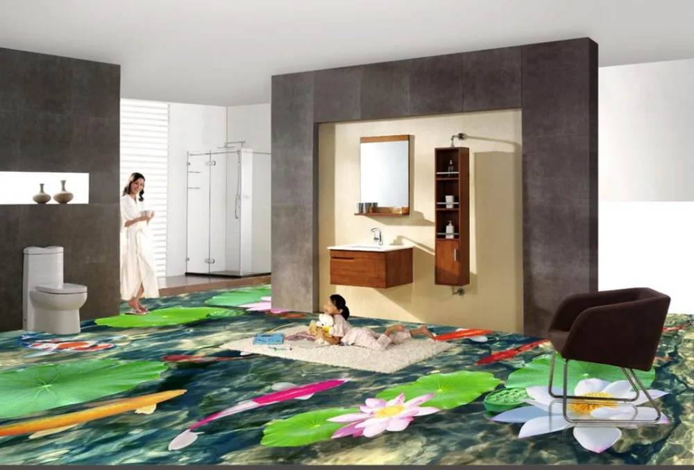 

Modern 3D flooring bathroom custom lotus carp 3d floor pvc murals waterproof self-adhesive 3d floor painting