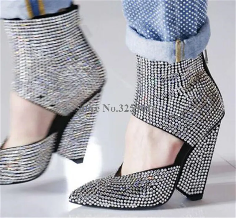

Women Bling Bling Charming Pointed Toe Rhinestone Spike Heel Short Boots Crystal Ankle Wrap Strange Heel Ankle Booties Heels