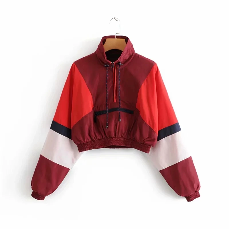 

Streetwear Short Zipper Jacket Active Sportwear Fashion Mixed Color Drawstring Neck Basic Coat Autumn Long Sleeve Chaqueta Mujer