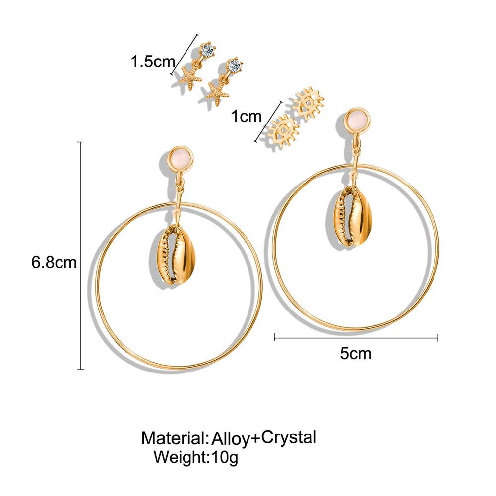 3 пар/компл. Морская ракушка звезда с клипсами Дурной глаз серьги для Для женщин Sea Shell Каури серьги-гвоздики в виде круглого уха, золотистые летние Boho ювелирные изделия