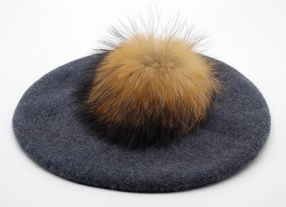Women Beret Wool Hat Winter Knitted Wool Berets Real Fur Pompom Hats Beanies Female Top Quality Beret Cap (11)
