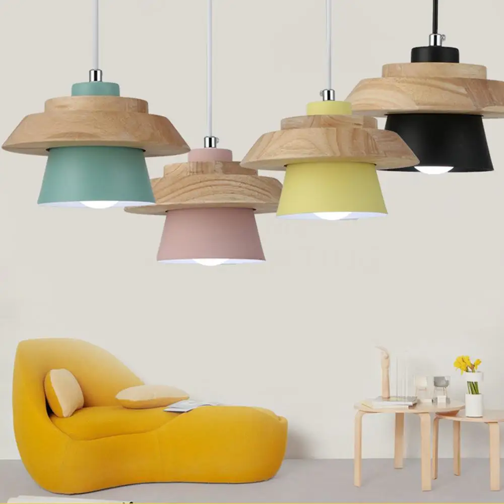

Six color Pendant Lights Dining Room Pendant Lamps Modern Colorful Restaurant Coffee Bedroom Lighting Iron+Solid Wood E27 Holder