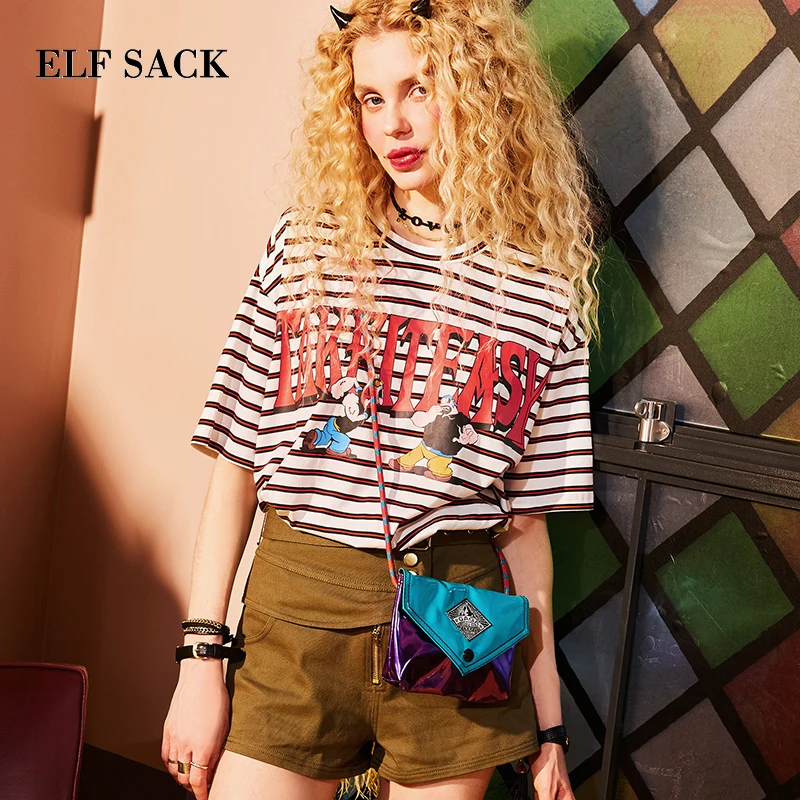 

ELF SACK Stylish Tee Shirts Women Striped Graffiti Students Loose Womens Casual Top Short Sleeve O Neck T Shirts Female 1989