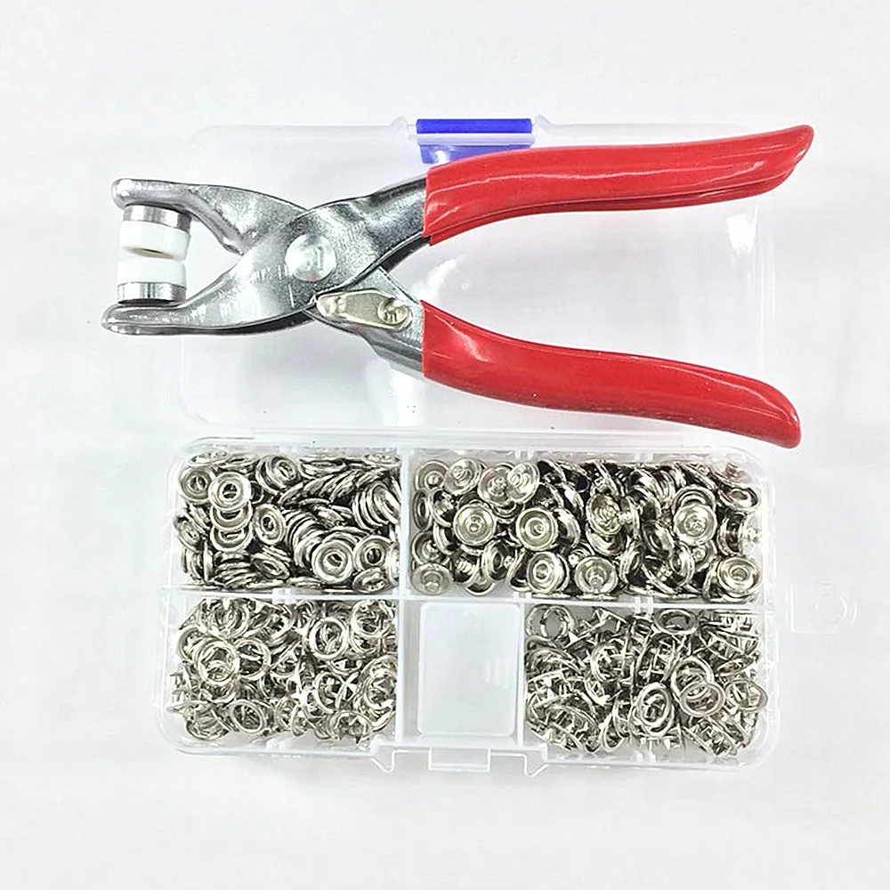 

1pc Plier Button Tool +100Sets Silver 9.5mm Metal Prong Snap Buttons Fasteners Press Studs Poppers Baby Romper Buckle Snap+1 Box