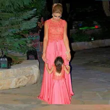 Coral Backless Long Mother And Daughter font b Dresses b font Lace font b Evening b
