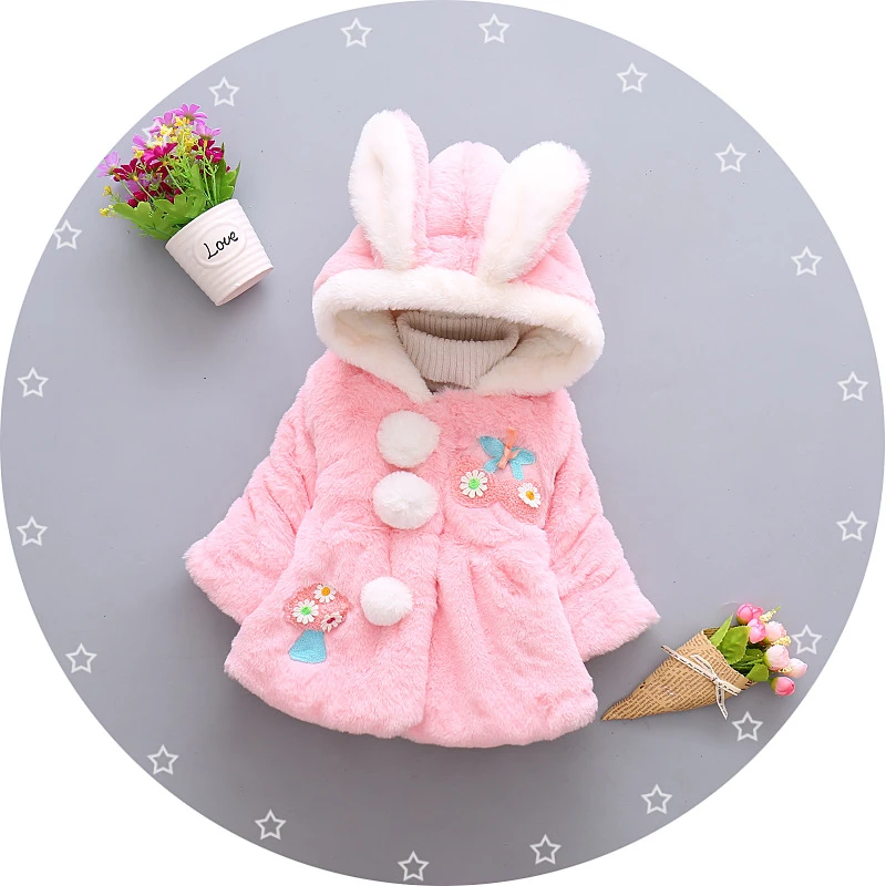  Brand fashion Newest Kid Baby Girls Plush Cartoon Rabbit Ear Hoodies Hooded Warm Coat Jacket Outwea