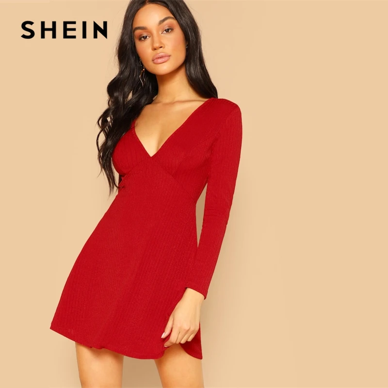 SHEIN Red Plunging Neck Deep V Neck Fit and Flare Rib Knit Plain Mini ...