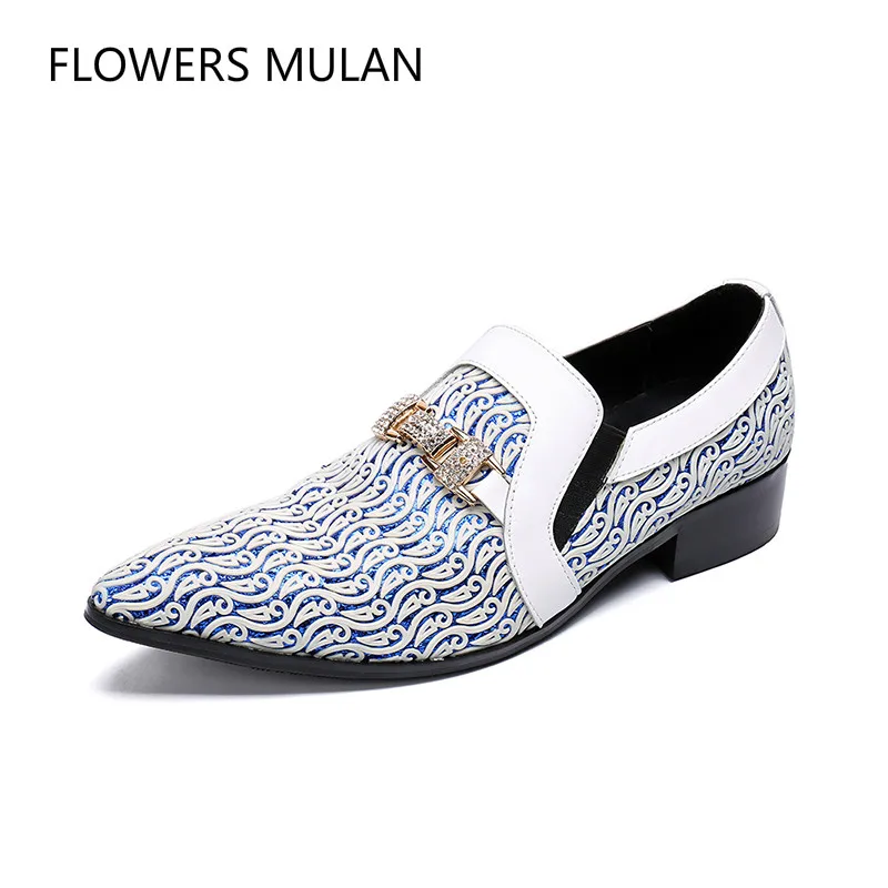 

New Designer Printing Mixed Color Blue White Pattern Leather Gentleman Dress Shoes Pointed Toe Slip On Wedding Shoes Gold Buckle