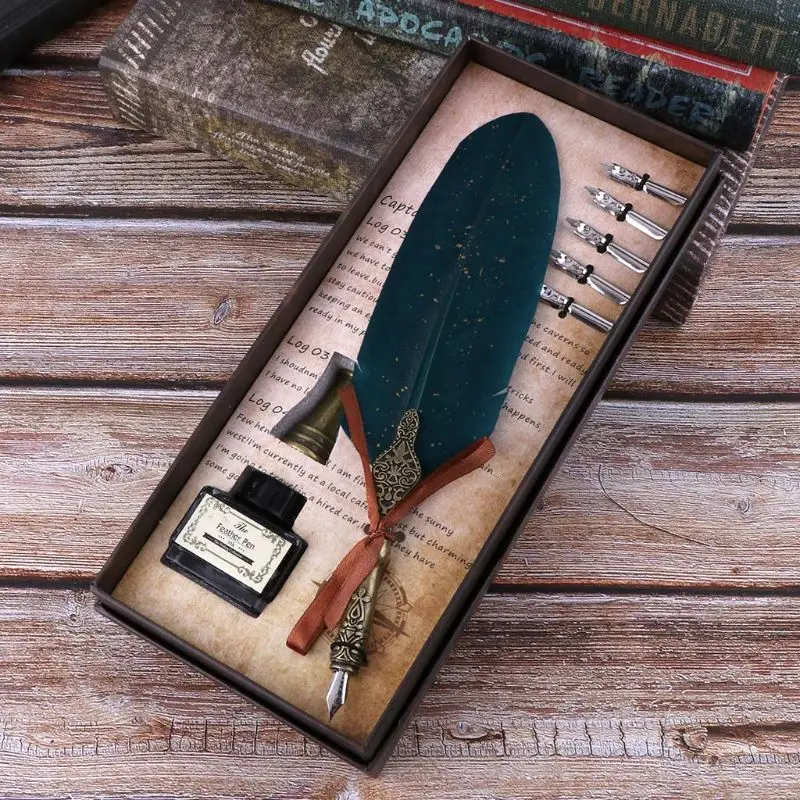 

English Calligraphy Feather Dip Pen Writing Ink Set Stationery Gift Box With 5 Nib Wedding Gift Fountain Pen