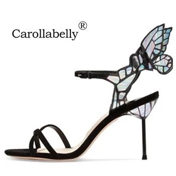 

2018 Thin High Heels Genuine Leather Shoes Women 10cm Butterfly Heels Sandals Back Strap Sexy Wedding Party Shoes Big Size 42
