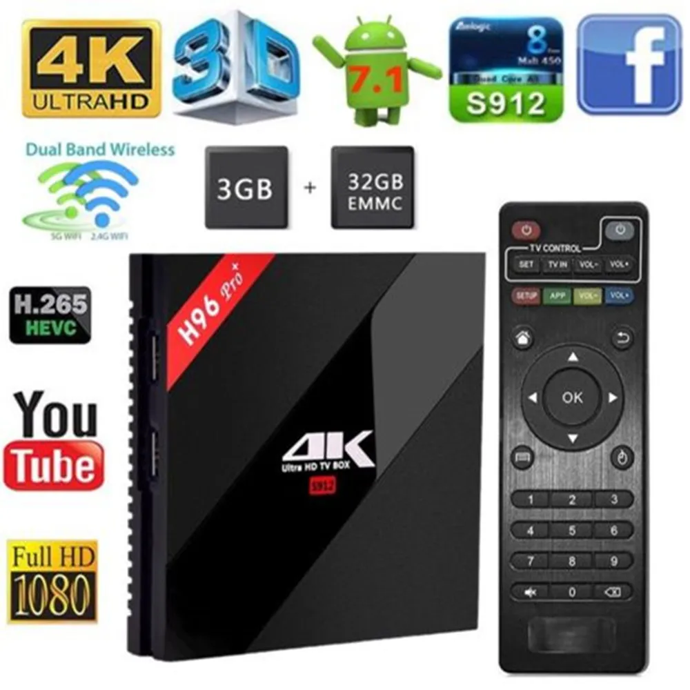 

H96 Pro Plus TV Box Smart Android 7.1 S912 BT4.1 Octa Core 4K 3GB / 32GB 1000LAN 2.4G 5.0G WiFi Media Player PK X92 TX9 PRO