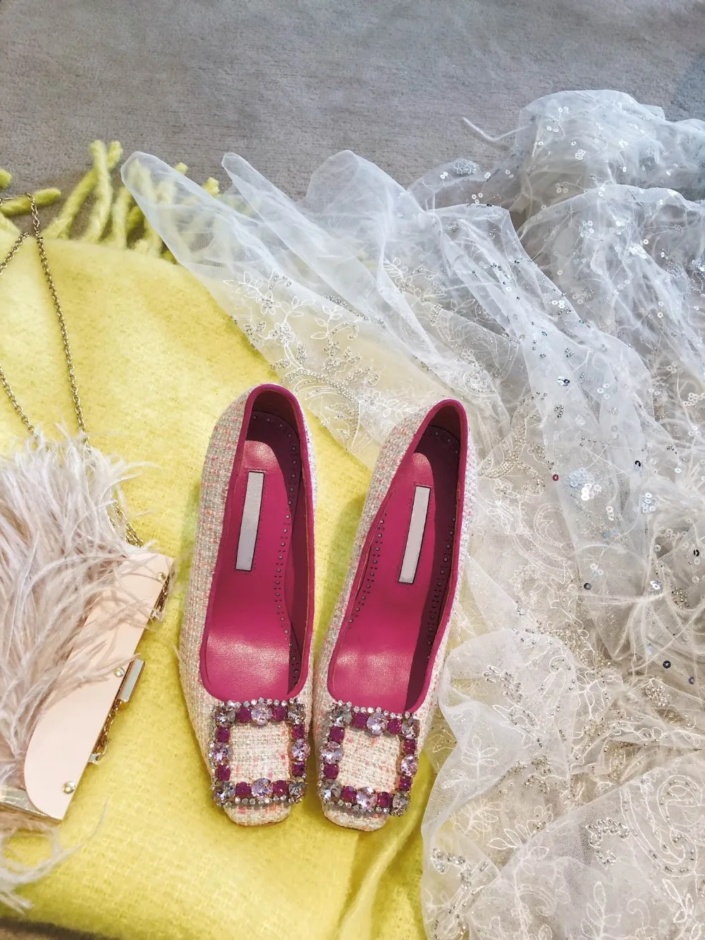 Женские туфли-лодочки с квадратной кристаллической пряжкой, роскошная дизайнерская обувь из сетчатого материала с квадратным носком на