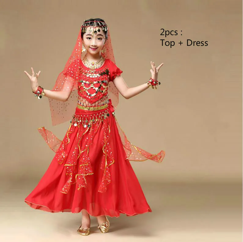 5 цветов, костюмы для танца живота, Детские Костюмы Болливуда для индийского представления, танцевальная одежда, детские костюмы для восточных танцев, комплект одежды для девочек - Цвет: 2pcs red