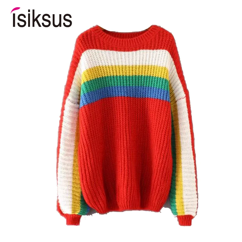 Isiksus 2018 O-neck Stripe Knitted Rainbow Autumn Women Pullover Sweater Shrug Long Sleeve Casual Female Jumper for Girls SW001