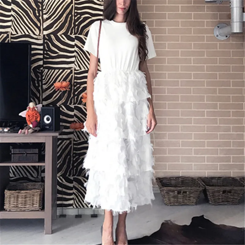 

Rugod 2018 платье женское лоскутное с кисточками с Тонким О-образным вырезом и короткими рукавами платье Торт белый черный Платье Макси для вечеринок корейский стиль