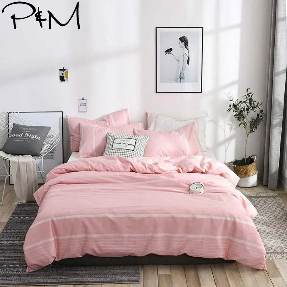 

2019 PAPA&MIMA Pink Stripes Print Scandinavian Duvet Cover Set Queen King Customize Size Cotton Bedlinens Bedding Sets