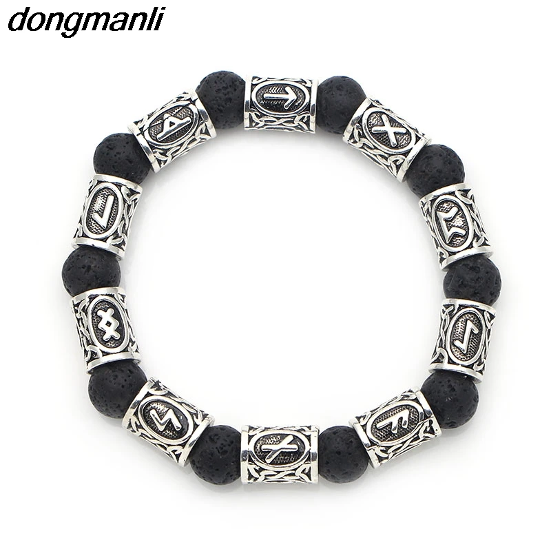 

P658 dongmanli Vintage 10mm Lava stone Antique Silver Beads Viking rune Alloy Norse jewelry Men's bracelet For women Men