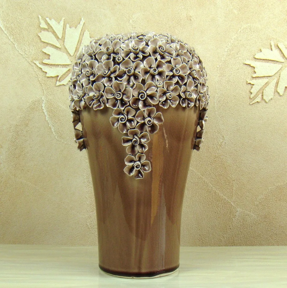 Crackle Glazed Ceramics Flower Relief Vase Decor Porcelain Floral
