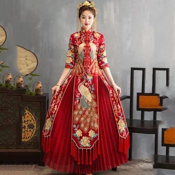

Oriental Rhinestone Bride Wedding Dress Vintage Mandarin Collar Female Qipao Suzhou Embroidery Peacock Exquisite Cheongsam