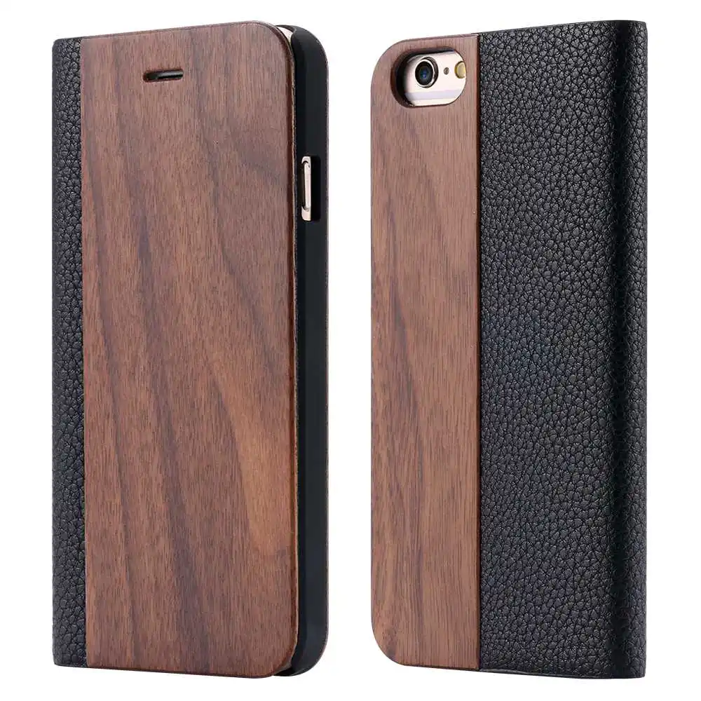 NORTHFIRE Bamboo Natural Wood Case For iPhone 11/11 Pro Max XR X XS Max 6/6S/7/8 Plus PU Leather Flip Cases ForP30 Pro Pouch - Цвет: Black Walnut