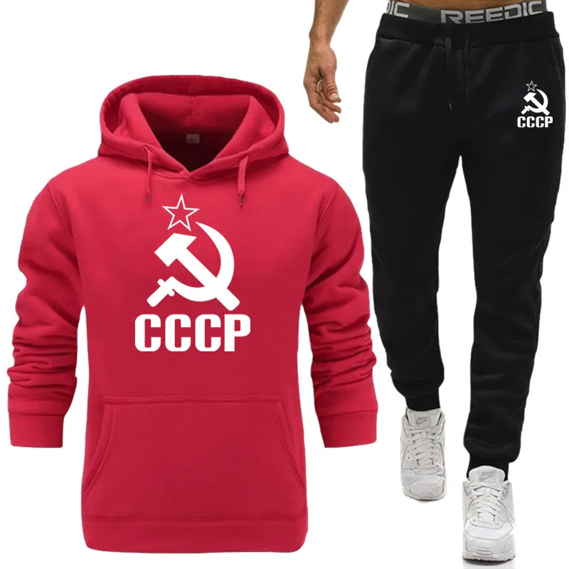 

Tracksuit Men Set Sporting 2 Pieces Sweatsuit Clothes CCCP USSR Soviet Union KGB Printed Hooded Hoodies Jacket Pants Track Suits