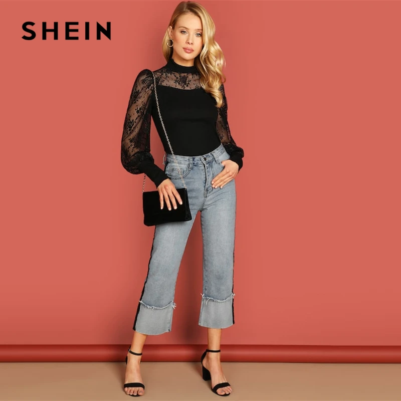 SHEIN Highstreet черная контрастная кружевная вставка ребристая трикотажная футболка со стоячим воротником Осенняя Повседневная Женская Современная Футболка Топ