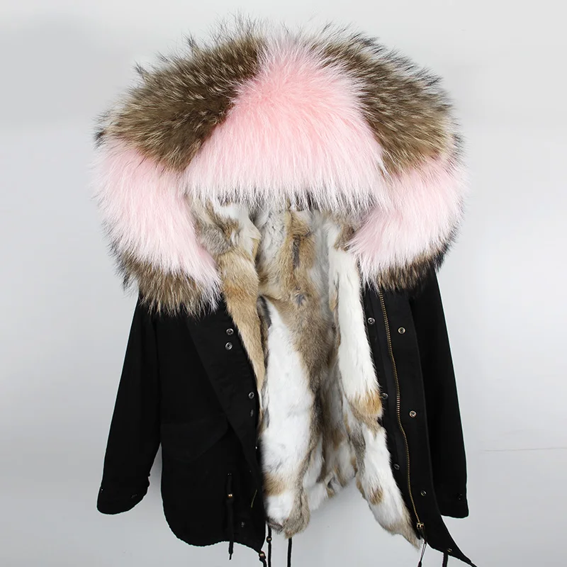 Мех животных любовь мода Женская натуральный кроличий мех внутри на куртка с капюшоном мини парки воротник из меха енота Зимняя куртка; верхняя одежда
