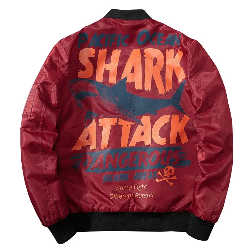 Winter Bomber Pilot Jacket Men Streetwear Anime Shark Print Baseball Jacket Women Hip Hop Couple Coat Fashion Hipster Autumn