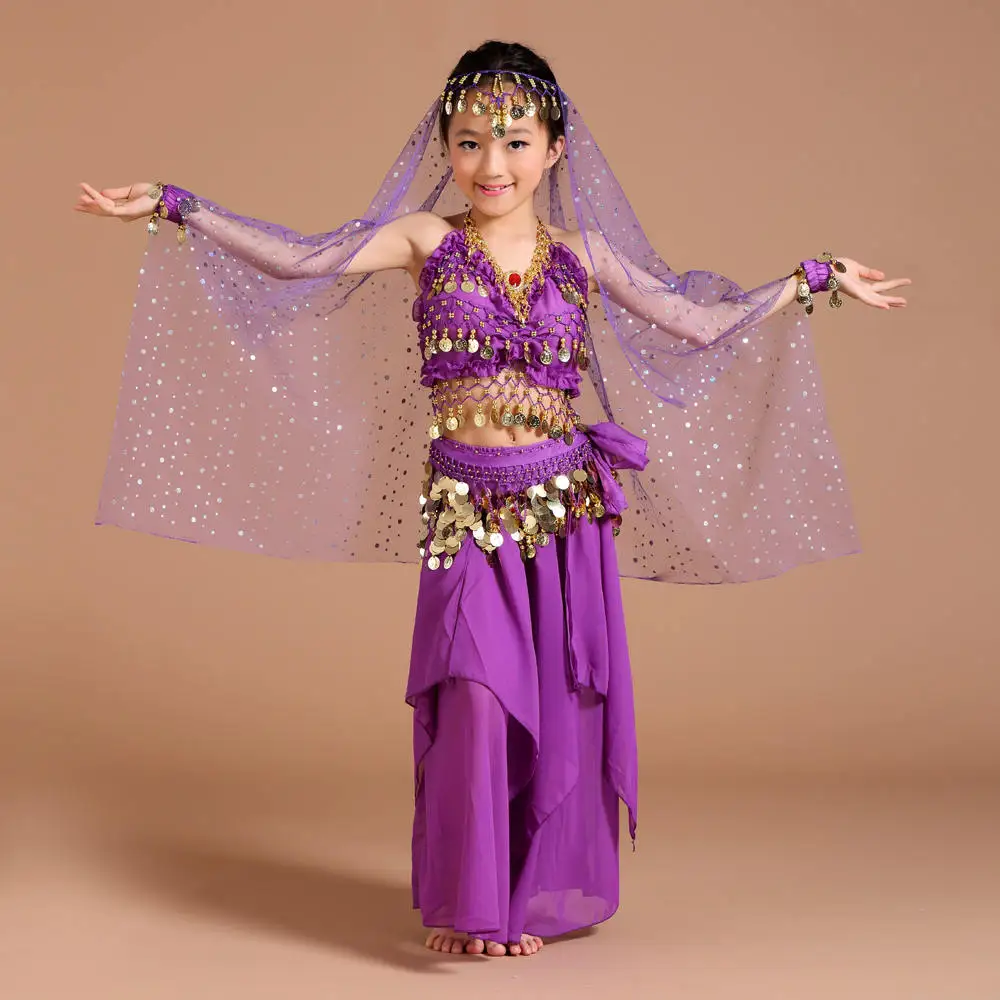 Детский костюм для танца живота, детское платье для индийского танца, Детские Танцевальные Костюмы Болливуда для женщин, танцевальная одежда для выступлений - Цвет: 5pcs purple
