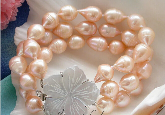 

hot sell 3row 11-13mm pink drop baroque freshwater pearl bracelet shell flower -Bridal jewelry free shipping