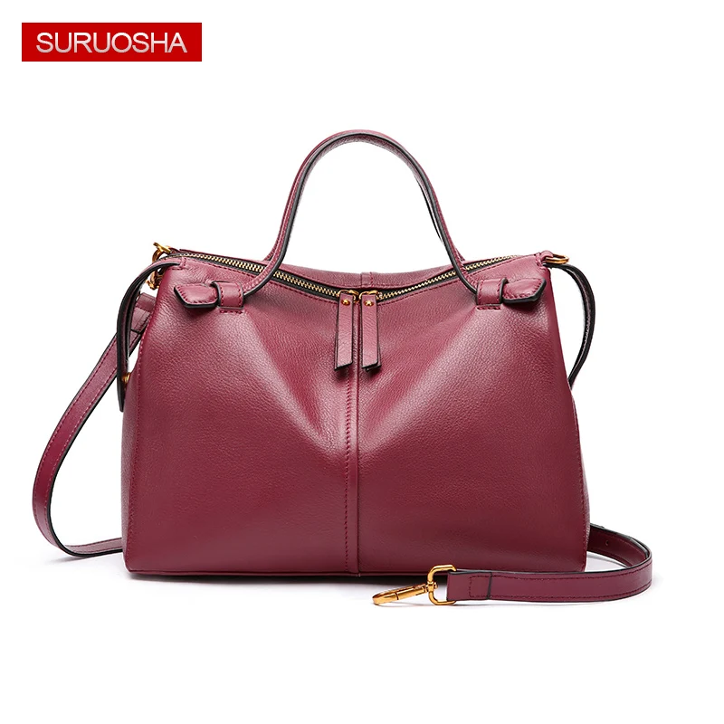 

Women Genuine Leather Handbag Burgundy Shoulder Bag High Quality Designer Luxury Brand Boston Hobo Messenger Crossbody Bags