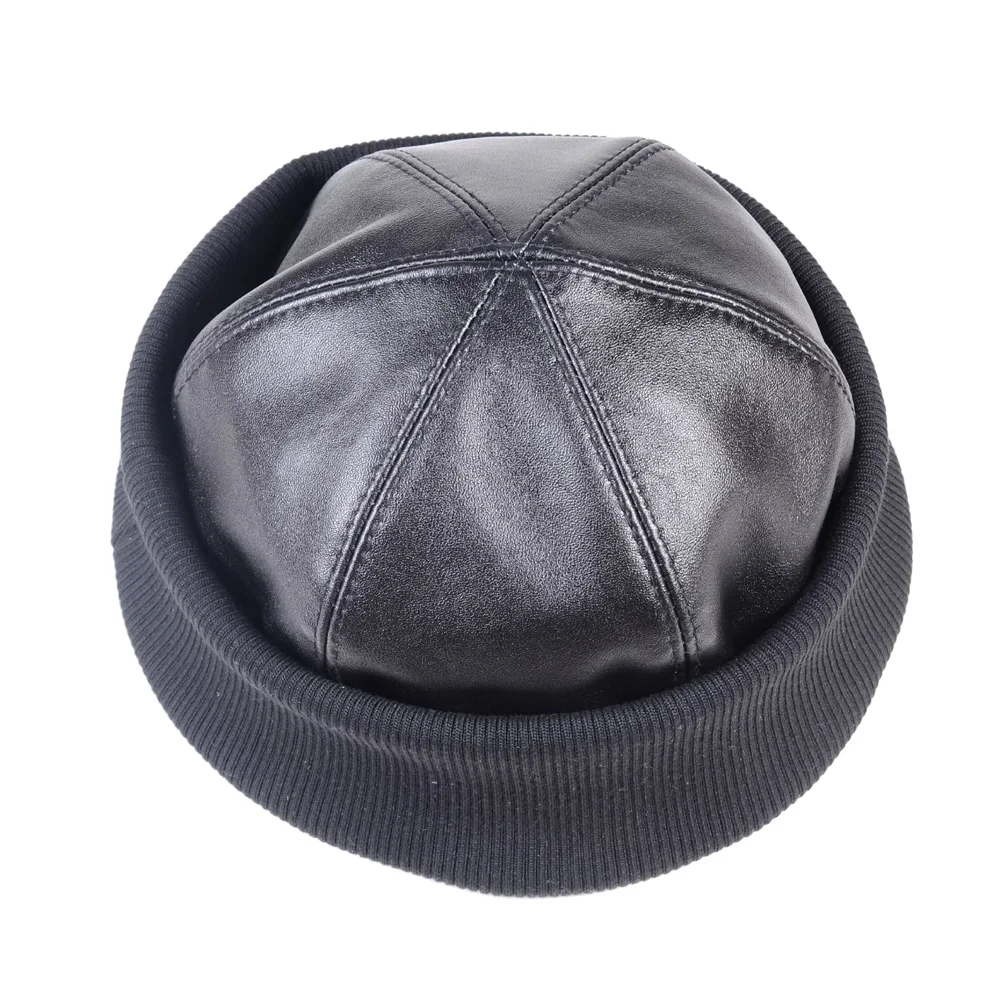 Günstig Männer frauen Echt Patent leder Runde kappe Motorhaube Zucchetto Toque Beanie Neue Kappe Armee Navy Kappen  hüte